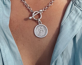 Matte Silver Medallion Necklace - boho t bar coin necklace, silver chain layering necklace, Ancient Greek style jewelry