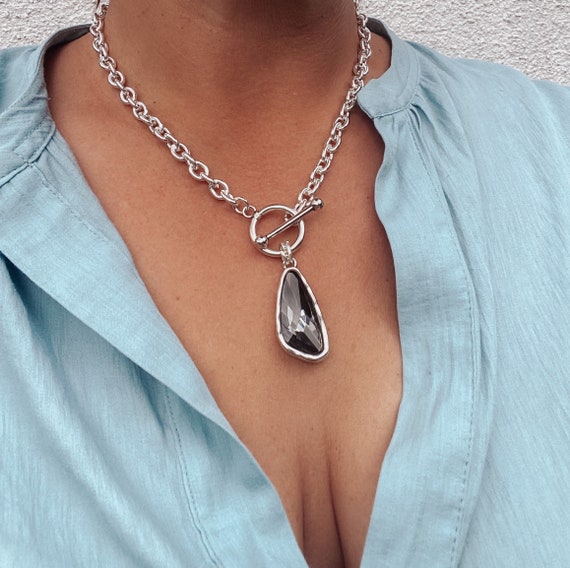 Buy Smoky Grey Chunky Antique Silver Crystal Necklace Thick Chain Toggle  Choker, Misshapen Crystal Pendant, Bohemian Statement Necklace Online in  India - Etsy