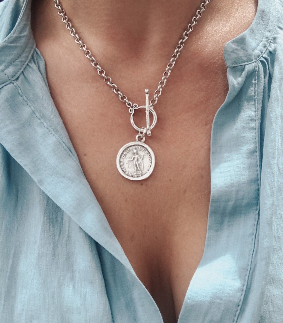 Matte Silver Medallion Necklace Boho T Bar Coin Necklace Etsy