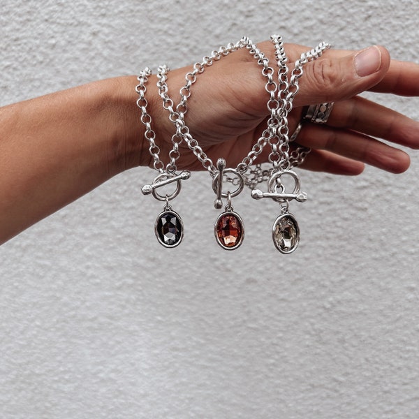 Crystal Toggle Clasp Necklace - zamak chunky chain choker, boho t-bar necklace, bohemian silver necklace, bohemian jewelry