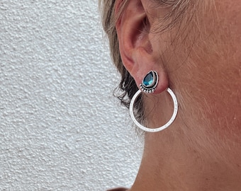 Blue Crystal Circle Ear Jackets - large round silver tone earrings, modern boho jewellery