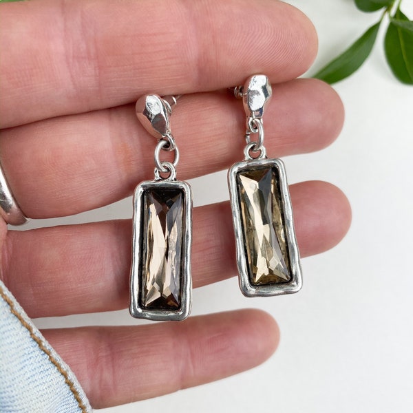 Taupe Crystal Dangle Earrings - rectangular antique silver boho dangles, sparkly bohemian statement earrings