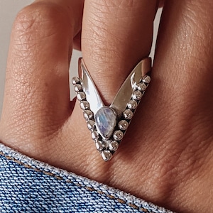 Moonstone Chevron Ring - deep V sterling silver ring, chunky adjustable statement ring