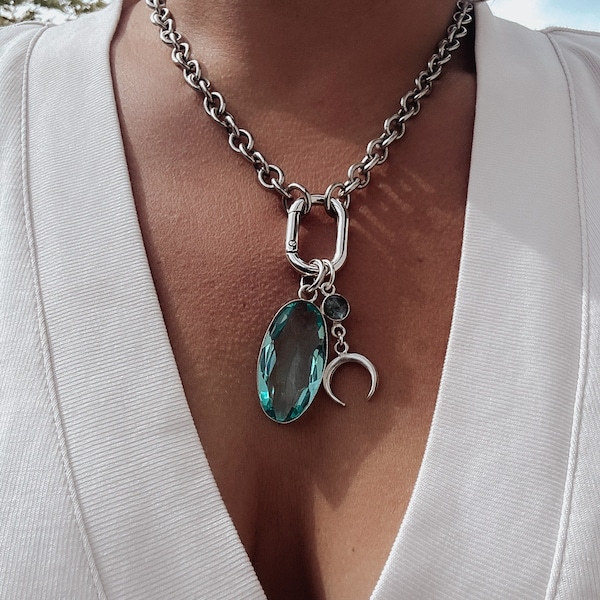 Aqua Crystal Carabiner Necklace - chunky statement charm necklace, huge crystal pendant