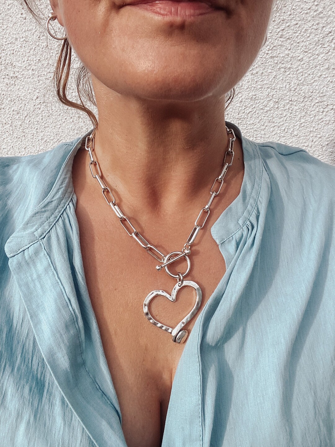 Chunky Heart Pendant Necklace Thick Silver Chain Choker Statement