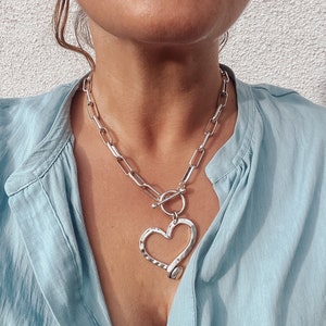 Chunky Heart Pendant Necklace - thick silver chain choker, statement t bar necklace , gift for wife, big hollow heart pendant