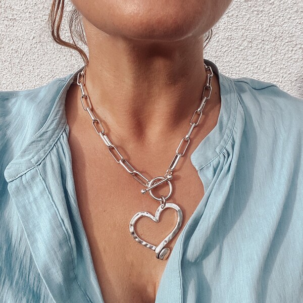 Dikke hart hanger ketting - dikke zilveren ketting choker, statement t bar ketting, cadeau voor vrouw, grote holle hart hanger