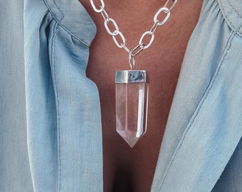 Huge Crystal Quartz Point Necklace - sterling silver chunky clear crystal amulet, rock quartz gemstone pendant