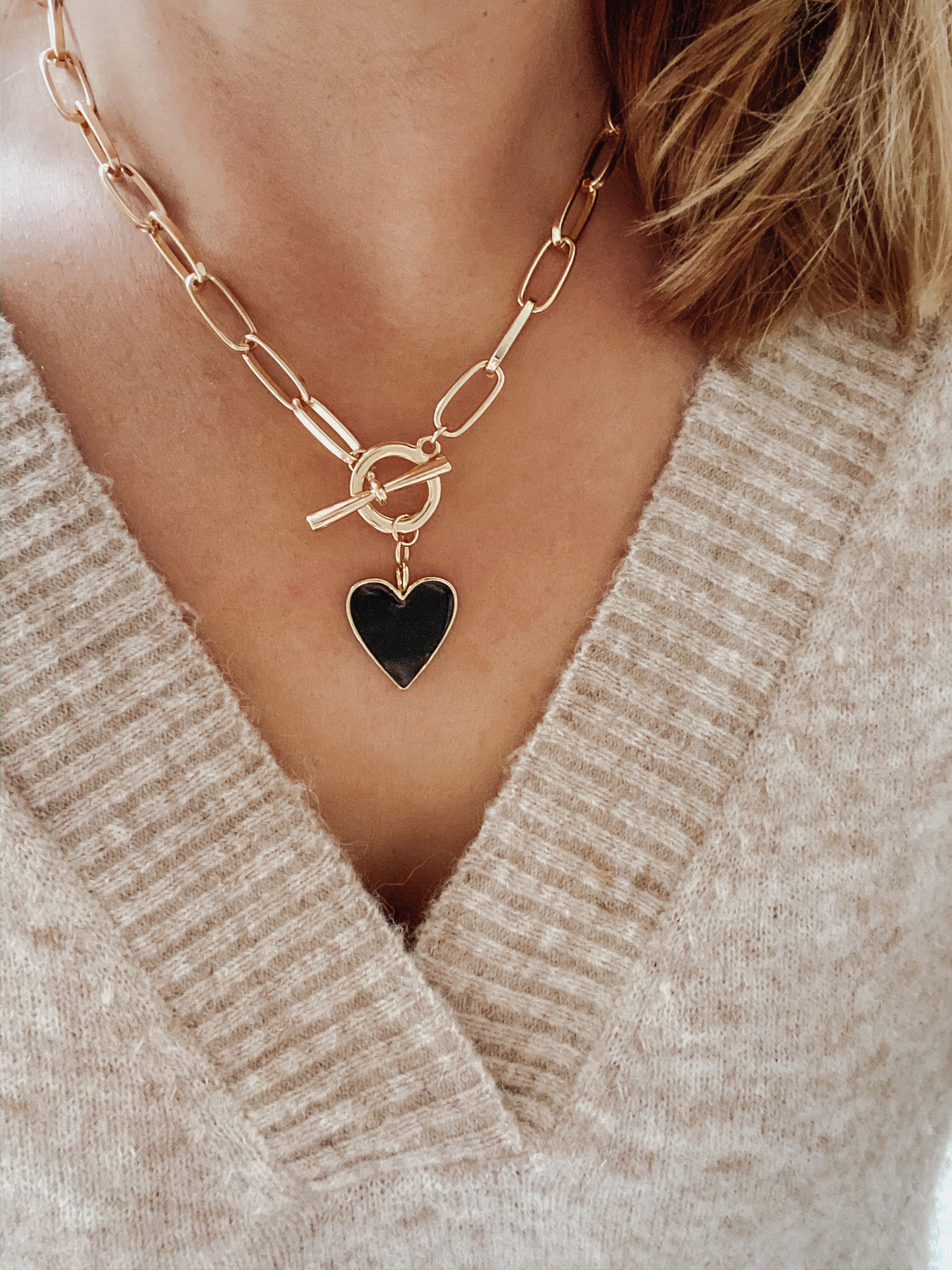 Gold Chunky Heart Pendant Necklace statement toggle clasp Etsy