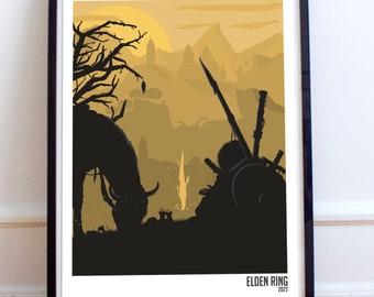 Elden Ring Silhouette Art / Póster de videojuegos / Póster de Elden Lord / Póster empañado / Póster de juegos / Póster de fantasía / Póster minimalista