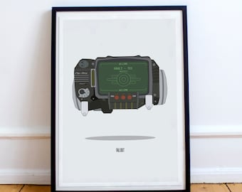以下が含まれることがあります： FalloutのPip-Boyの額装されたプリント。緑色の画面に「WELCOME VAULT-TEC」の文字とVault-Tecのロゴが表示されています。Pip-BoyはFalloutビデオゲームシリーズのデバイスです。