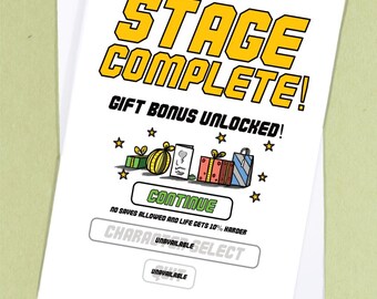 Carte de voeux de jeu - étape terminée - carte de voeux, vierge, carte d'anniversaire, jeux, jeux vidéo, carte de geek - GC107
