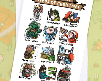 May include: A white greeting card with the text "THE TWELVE NERDS OF CHRISTMAS" and illustrations of various nerds, including a gamer, book nerd, and music nerd. The card is on a white envelope with a green background.