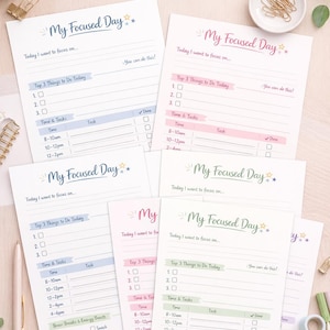 Pode incluir: Planeador de uma página para TDAH com o texto "My Focused Day" em várias cores. O planeador inclui secções para tarefas, intervalos de tempo e notas. A frase "Printable & Instant Download" também é visível.