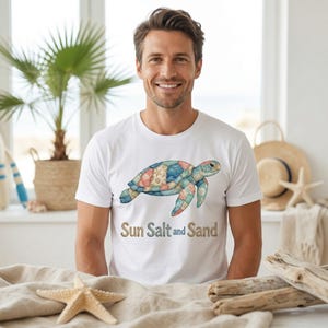 Chemise patchwork tortue soleil sel sable, t-shirt vie marine côtière (téléchargement numérique)