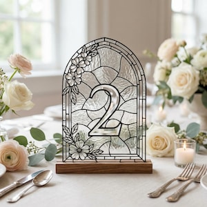 Arched Floral Stained Glass Table Numbers | Cathedral Wedding Decor (Digital Download) 5x7