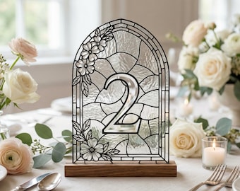 Arched Floral Stained Glass Table Numbers | Cathedral Wedding Decor (Digital Download) 5x7