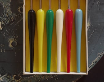 Vintage Fondue Forks Complete Set of 6 in original box plastic teardrop bright primary MCM midcentury party hostess 70s 60s 1960s 1970s