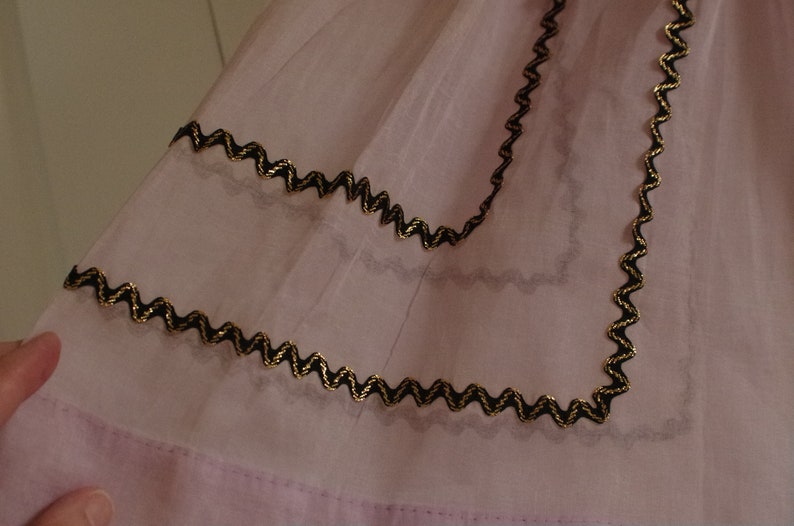 Vintage Half Apron Midcentury Sheer Fancy Hostess Pink Lavender Orchid with black and gold rickrack embellishment trim
