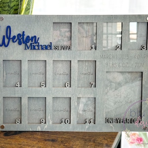 Marco de fotos personalizado para el primer año del bebé - Letrero de madera personalizado - Decoración de madera - Imágenes de hitos mensuales - Tablero de exhibición de fotos personalizado