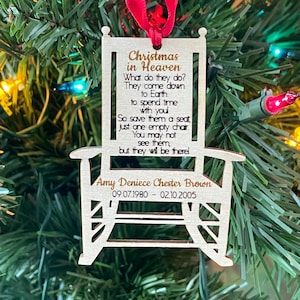 Personalized Christmas in Heaven Ornament - Save a Chair Ornament Memorial Ornament - Laser Engraved Wood Keepsake - Rocking Chair Ornament