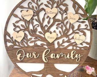 Custom Round Family Tree Sign - Personalized Frame - Wood Farmhouse Decor - Mothers Day Gift - Gift for Mom - Laser Cut Sign with Stand