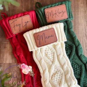 Personalized Christmas Stockings - Engraved Leather Patch Stockings - Custom Knit Stocking Tags - Red Green Cream Leather - Fireplace Decor