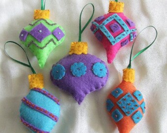 5 Beaded Felt Ornaments, Bright Colors