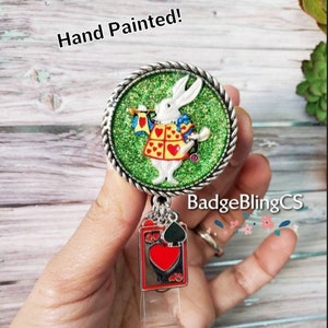 white rabbit badge reel Alice  Hand painted id card holder Custom Queens hare Trumpet Deluxe  Im late queen deck of cards tachy