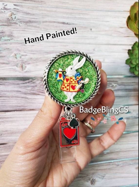 White Rabbit Badge Reel Alice Hand Painted Id Card Holder Custom Queens  Hare Trumpet Deluxe Im Late Queen Deck of Cards Tachy -  Canada