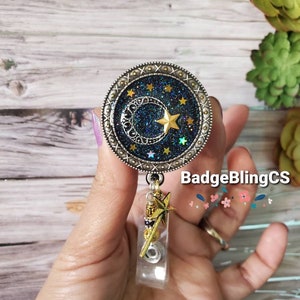 Mystic badge reel id holder clip Crescent moon and stars Magic wand Nightshift clip Dream starry night reach for the stars horoscope galaxy