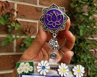 Lotus flower badge reel holder clip simply life metallic paint. flower  charm. Om Ohm NurseLife Pratima, atman, Brahman Custom badges LSW