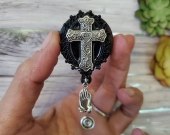 Rosary badge reel holder ID card clip holder Christian Catholic cross religious affirmation hope healing heart faith gift silver prayers