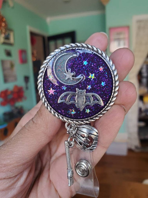 Bat Badge Reel Holder Starry Night Sky Vintage Creepy Moon and