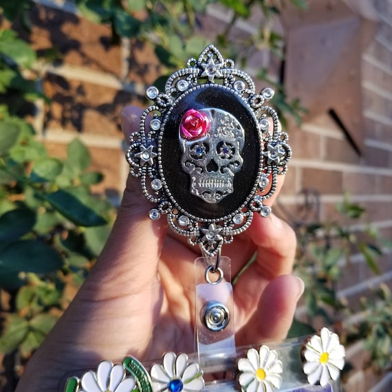 Vintage Skull Badge Reel Holder Clip Gift Muertos Floral Mexican