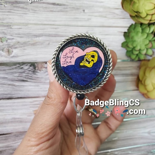 Skeleton badge reel clip live laugh love retractable id pull funny ID holder work buddy gag gift pediatric work wife gift bestie sick humor