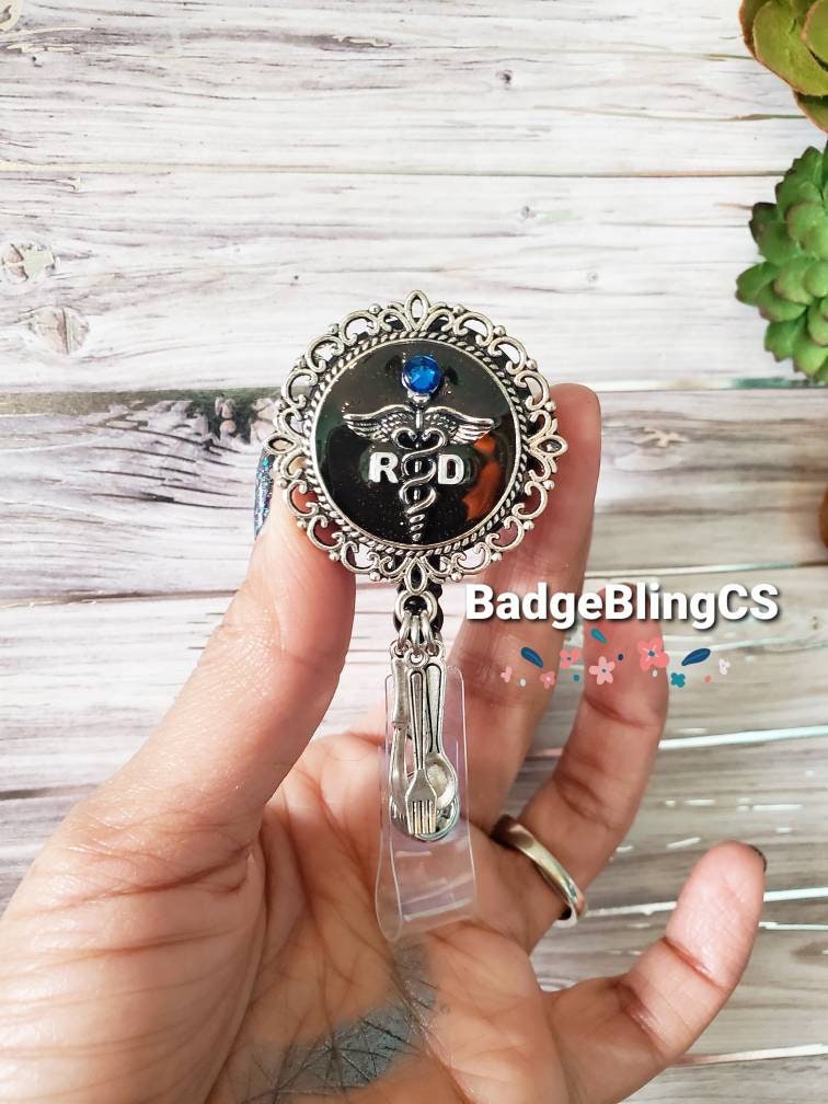 Registered Dietitian Badge Reel Holder Fork Knife Spoon Charms Personalized Name Card Medical Food specialistADL Speech Silverware Health