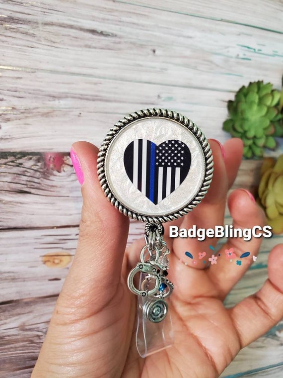 Police Wife Badge Reel Clip Blue Line Police Support Heart Armed Forces  Wife 911 Dispatcher Life Cadet Graduation Gift Handcuffs Charm Cop -   New Zealand