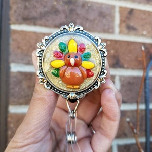 Turkey badge reel holder clip Thanksgiving retractable ID badge clip holder Family nurse practitioner fall badge gifts ID pull crystal bling