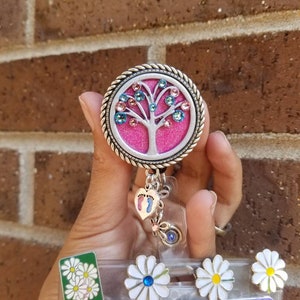 Labor and Delivery retractable ID badge reel holder clip Pink and blue gems Tree of Life Baby feet flower charms  L&D, OB Nurse