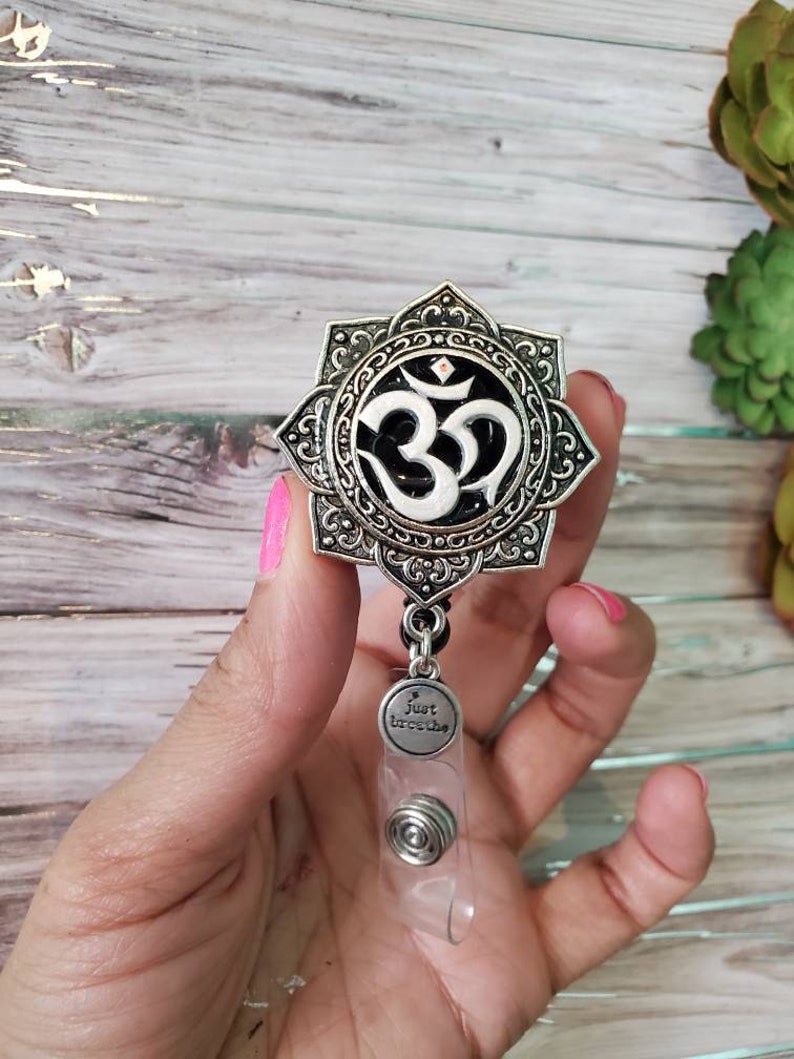 Om badge reel Simple badge id holder clip Lotus flower Ohm NurseLife Pratima atman Brahman Zen yoga bling peace hope just breathe simple