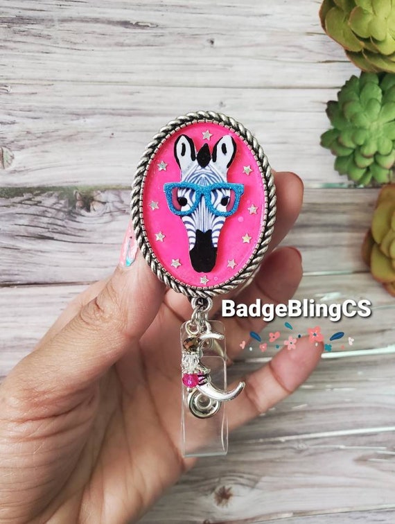 Zebra Badge Reel Holder Clip Hipster Glasses Stars and Moon Charm 4 Eyes with Spectacles Key Card Clip Pop Grip Jewelry Animal Kingdom Gift