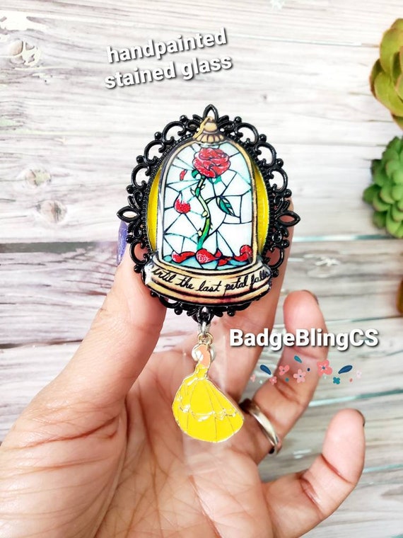 Enchanted Rose Badge Reel Holder Clip Beauty and Beast Stained Glass  Princess Belle ID Card Rose Charm Cloche Candlestick Tea Cup Clock 