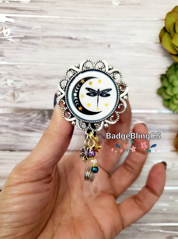 Dragonfly Badge Reel Holder Clip Crescent Moon and Stars Retractable Good  Energy Spiritual Guidance Gift Crystals New Years Art Moon Phases 