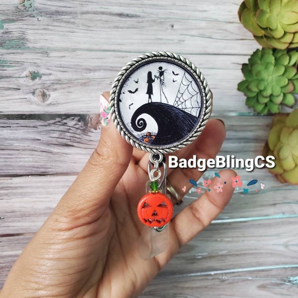 Nightmare badge reel holder clip retractable ID lanyard Halloween badge Jack and sally pumpkin King boogie hill Nurse gift skeleton lovers