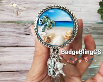 Beach jewelry / badge holder clips Nurse gifts Mermaid charm Nautical ocean tide Seashell badges reel Dolphins Flip flops Tiny real shells