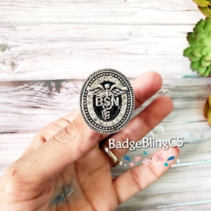May include: Silver oval-shaped pin with a caduceus medical symbol and the letters BSN surrounded by clear rhinestones.