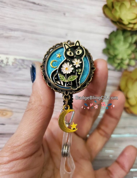 Black Cat Crescent Moon Kitty Badge Reel Holder Clip Witchy Vibes
