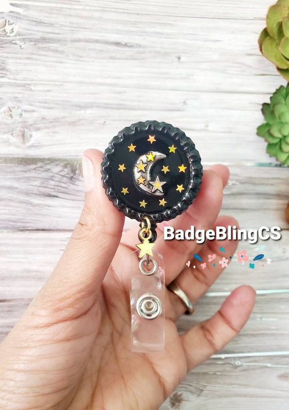 Starry Night Badge Reel Card Holder Moon and Stars Lanyard Stars ID Badge  Reel Black and Gold Glitter Stars Astronomy Sky Gift Cresent Moon 