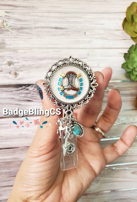 Cowgirl Badge Reel Holder Rodeo Lucky Boots, Horseshoe Country Girl Good  Luck Card Holder Jewelry Arrow, Wing Turquoise Badge Boot and Spurs -   Canada